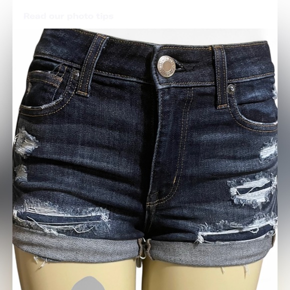 American Eagle Dark Blue Distressed Jean Shorts - Picture 1 of 3